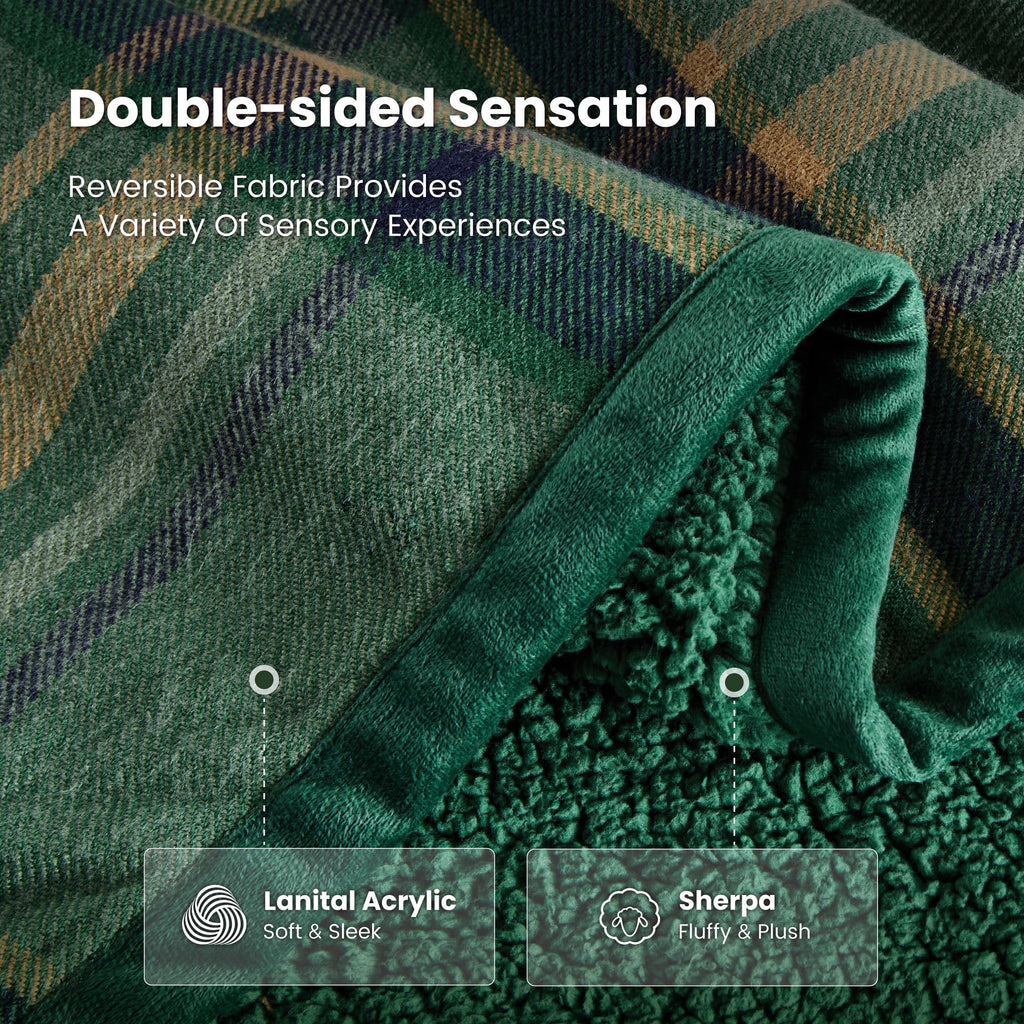 Green Sherpa Plaid Throw Blanket Dual-Sided, 50" x 60"