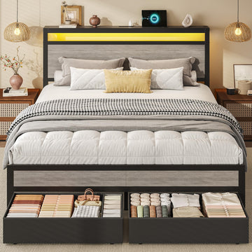 Bed Frame with Storage, Wood Headboard with Fast Charging Station, LED Lights, Platform Bed Frame