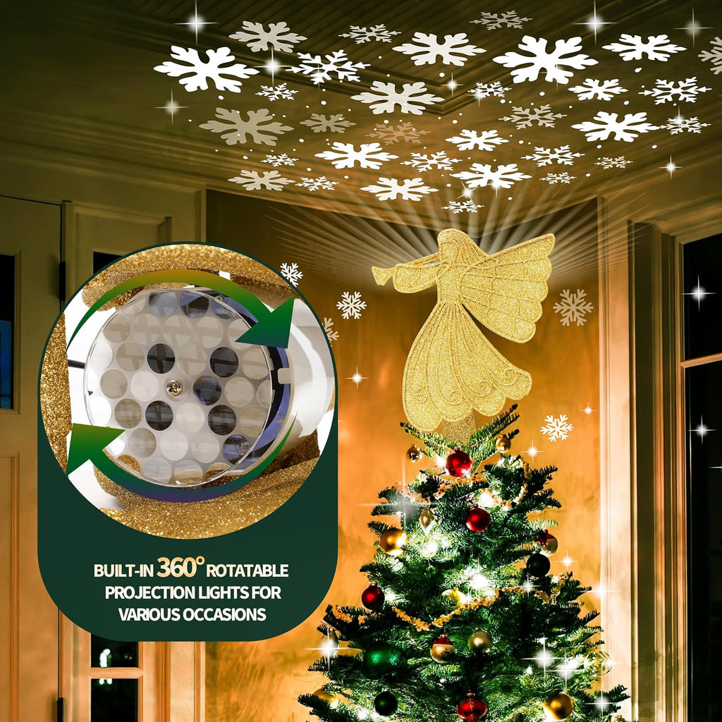 Tree Topper Lighted with 6 Projection Modes, Gold Christmas Angel Tree Topper Built-in LED Rotating Light, 3D Glitter