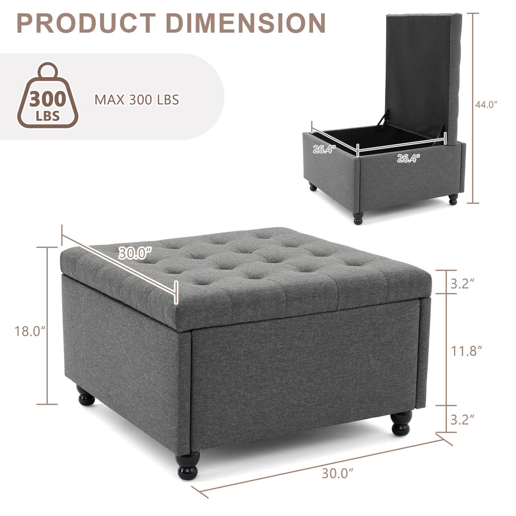 30" Large Square Ottoman with Storage, Fabric Ottoman Coffee Table, Grey