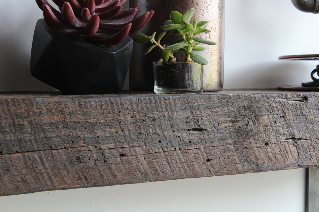 Reclaimed Barn Beam Accent Shelves | Floating or with Brackets Rustic Shelves, Set of 2 | (Bracketed Coffee Bean