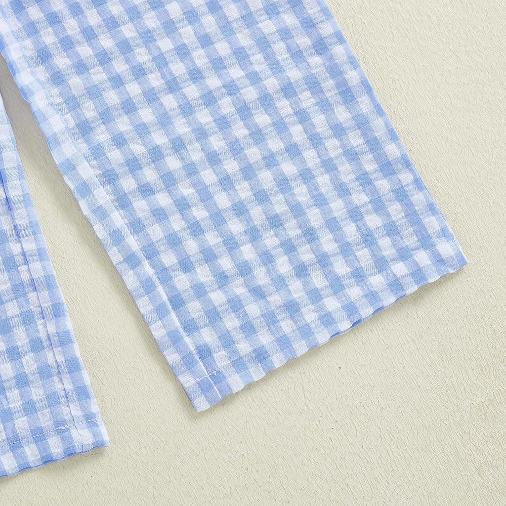 Girls Summer Outfits Ruffle Sleeve Button Up Dress Tops Plaid Linen Pants Spring Toddler Girl Clothes