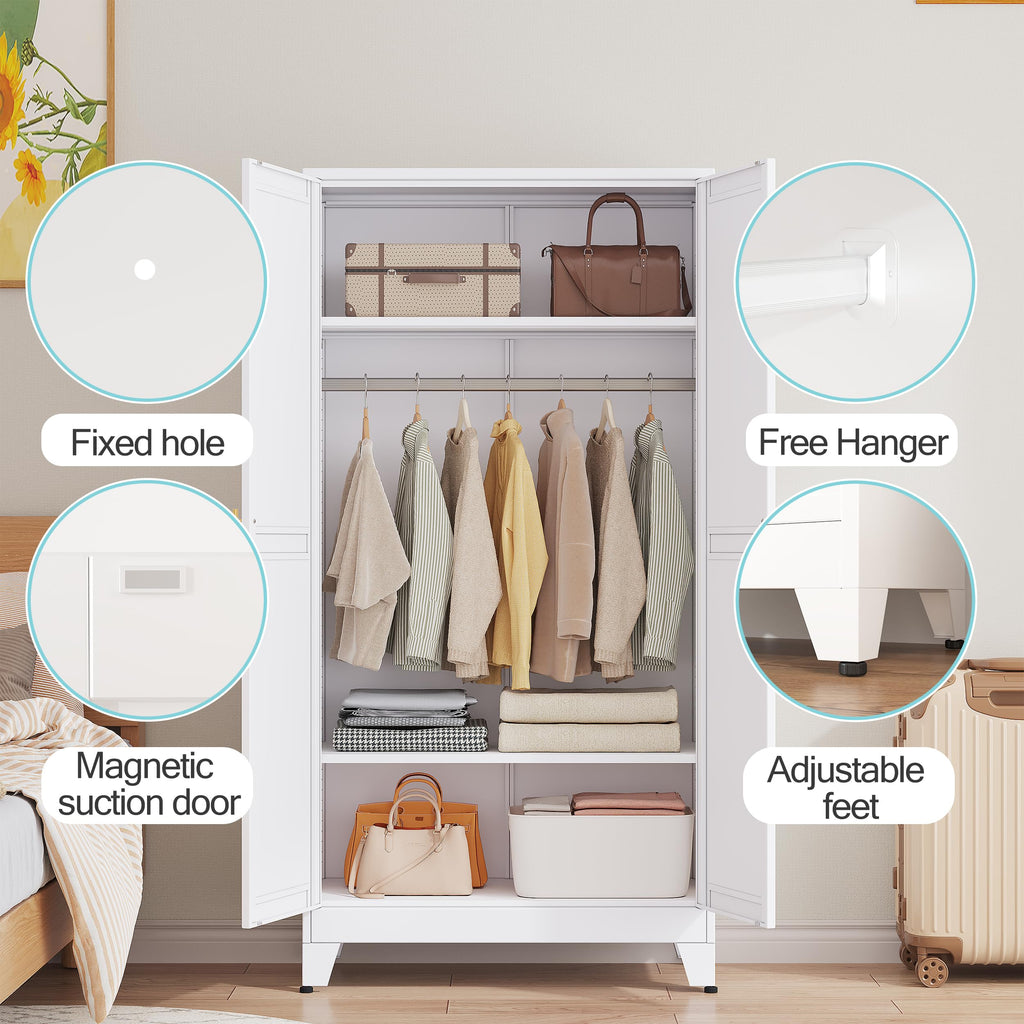 71 "Metal Armoire Wardrobe Closet, Steel Clothing Storage Cabinet with Adjustable Shelves and Hanging Rod, Household