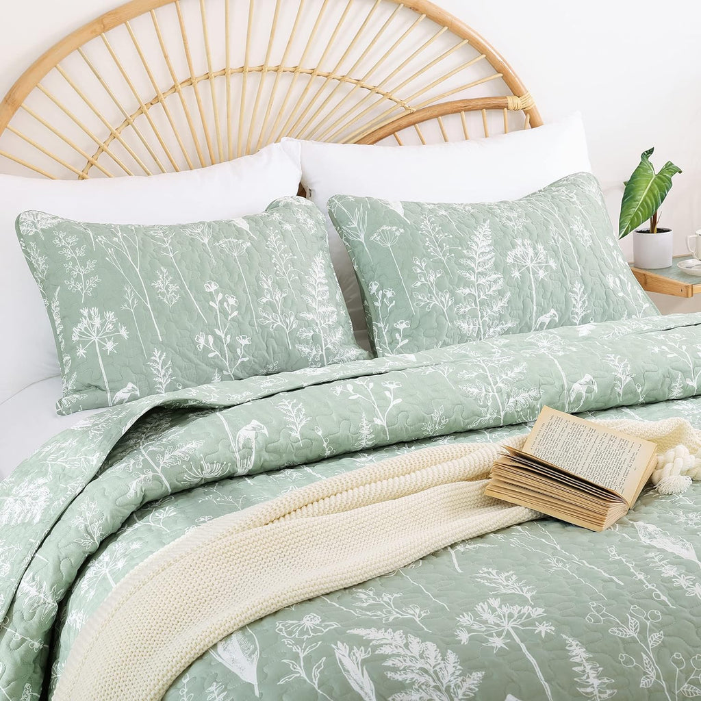 Quilts Queen Sage Green Quilt Botanical with Floral Pattern Microfiber Bedspreads Queen 3 Pieces Lightweight