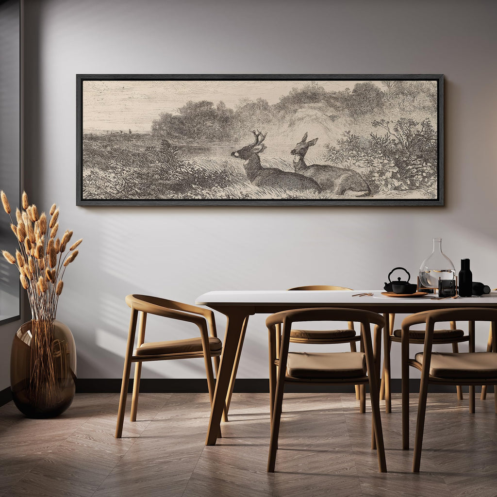 Large Framed Canvas Vintage Deer Meadow Landscape Illustrations Modern Art Calm Warm - 60"" x20