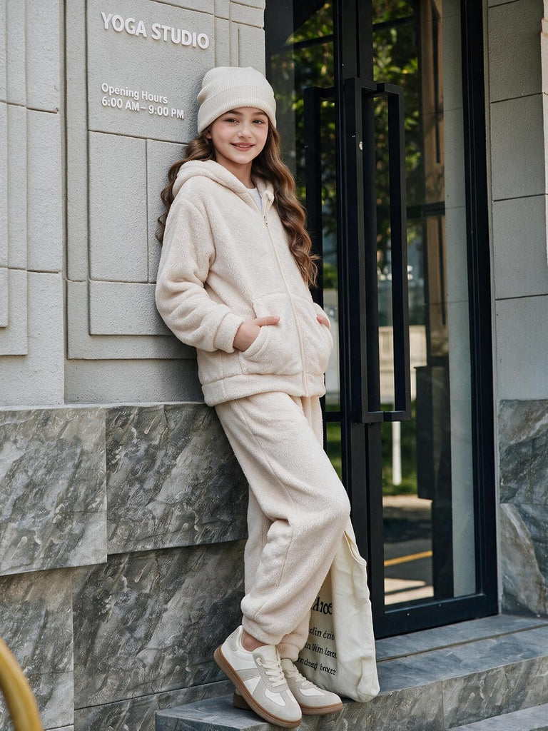 Girls 2 Piece Fleece Tracksuit Set Full Zip Fuzzy Hoodie and Pants