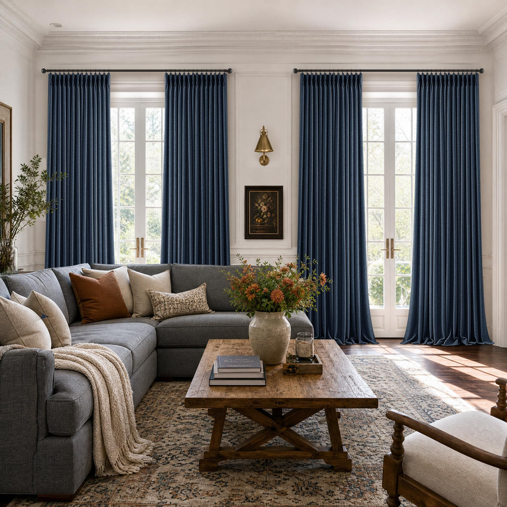 120 Inch Dark Blue Pinch Pleat Linen Blend Light Filtering Curtains 2 Panel