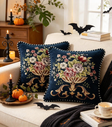 Set of 2 Halloween Vintage Throw Pillow Covers for Sofa Couch, Blue Vintage Floral Cushion Covers 18x18in, Victorian