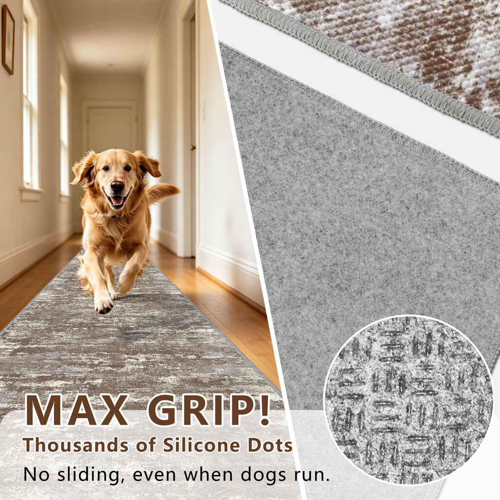 Washable Carpet Runners 18ft-Non Slip Floor Runners for Dogs, Abstract Hallway Runner Rug with ‌Silicone Backing