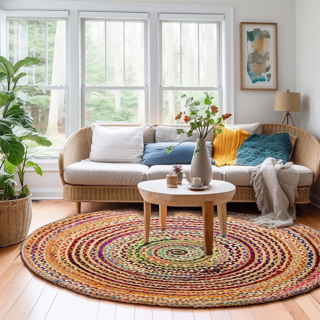 Jute Chindi Braid Rag Rug - 8 Feet Round Multi Color Area Rug