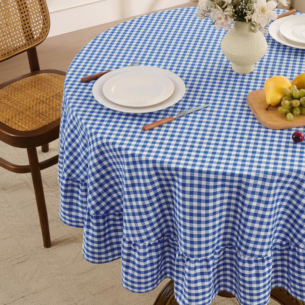 Gingham Ruffled Round Tablecloth, 70 Inch, Blue