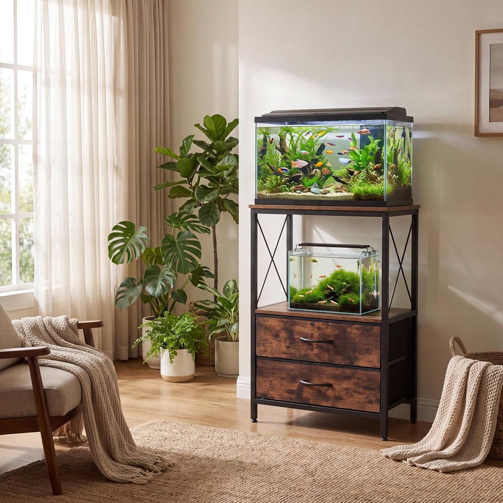 Aquarium Stand 5-10 Gallon with 2-Tier Shelf, Fish Tanks Stand with 2 Drawers, Metal Frame Heavy Duty Reptile/Turtle