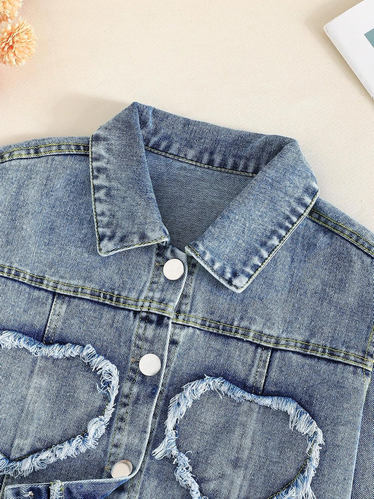 Girls Denim Jacket Heart Ripped Button Down Jean Outerwear