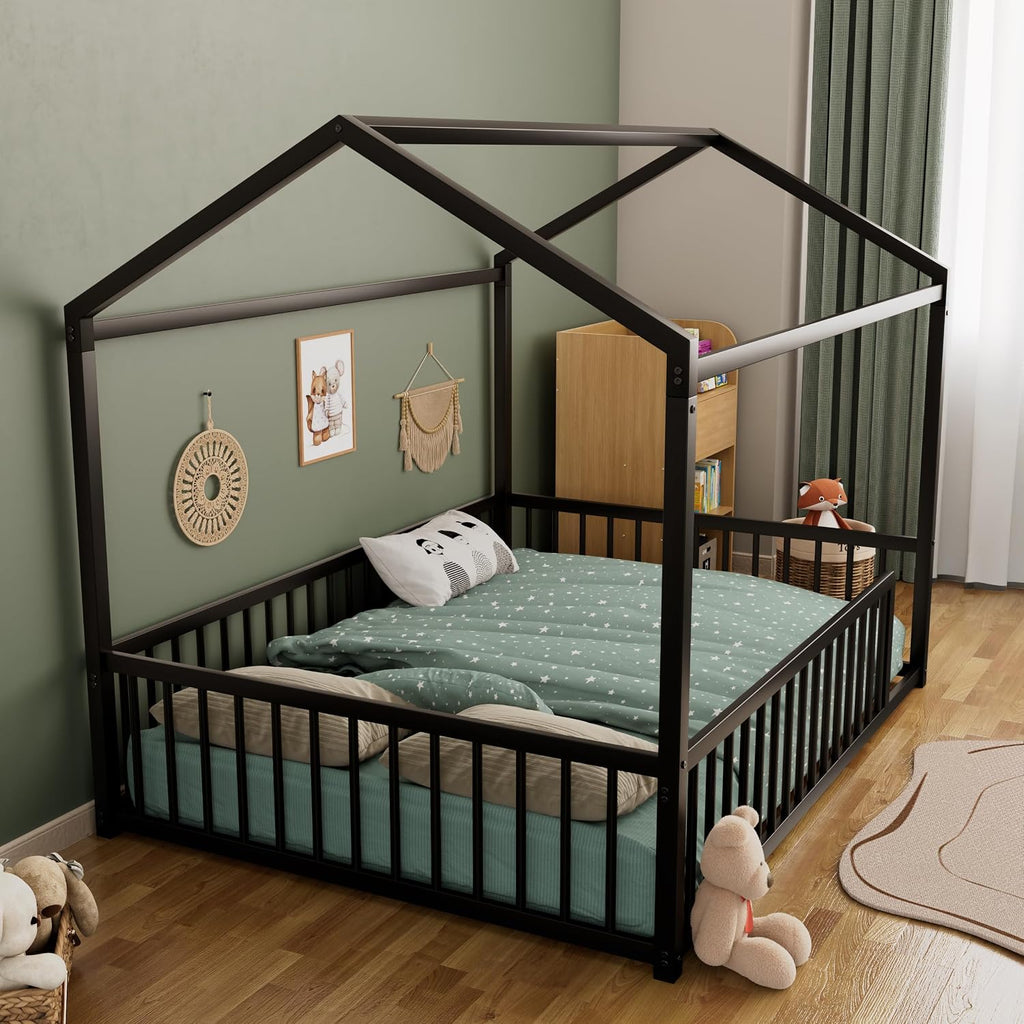 House Shape Montessori House Bed Metal Floor Bed Bed, Black