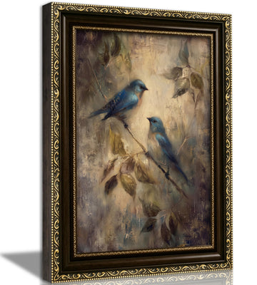 Gold Framed Vintage Blue Bird Wall Art, Two Bluebirds on Branch Oil Painting Canvas Prints, Rustic Cottagecore