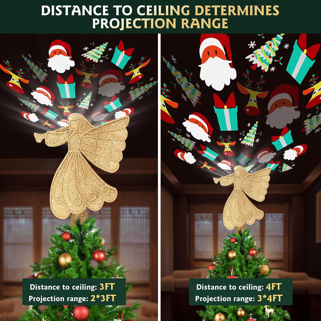 Tree Topper Lighted with 6 Projection Modes, Gold Christmas Angel Tree Topper Built-in LED Rotating Light, 3D Glitter