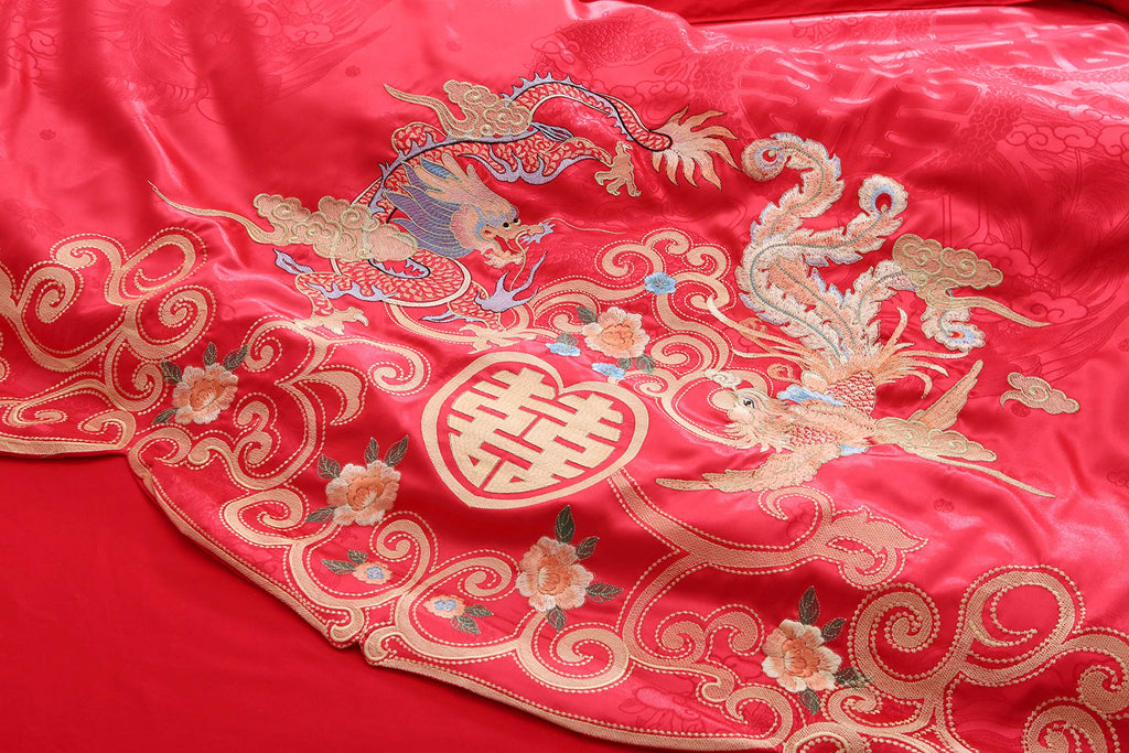 Chinese Wedding Bedding Set Queen 4Pcs - Red Satin Sheets with Dragon & Phoenix Embroidery, 100% Cotton Satin, Duvet
