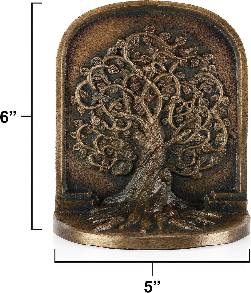 Tree of Life Bookends, Antique Brass, 2 Decorative Bookends for Shelves or Bookcase, Cast Iron, Non-Skid Heavy