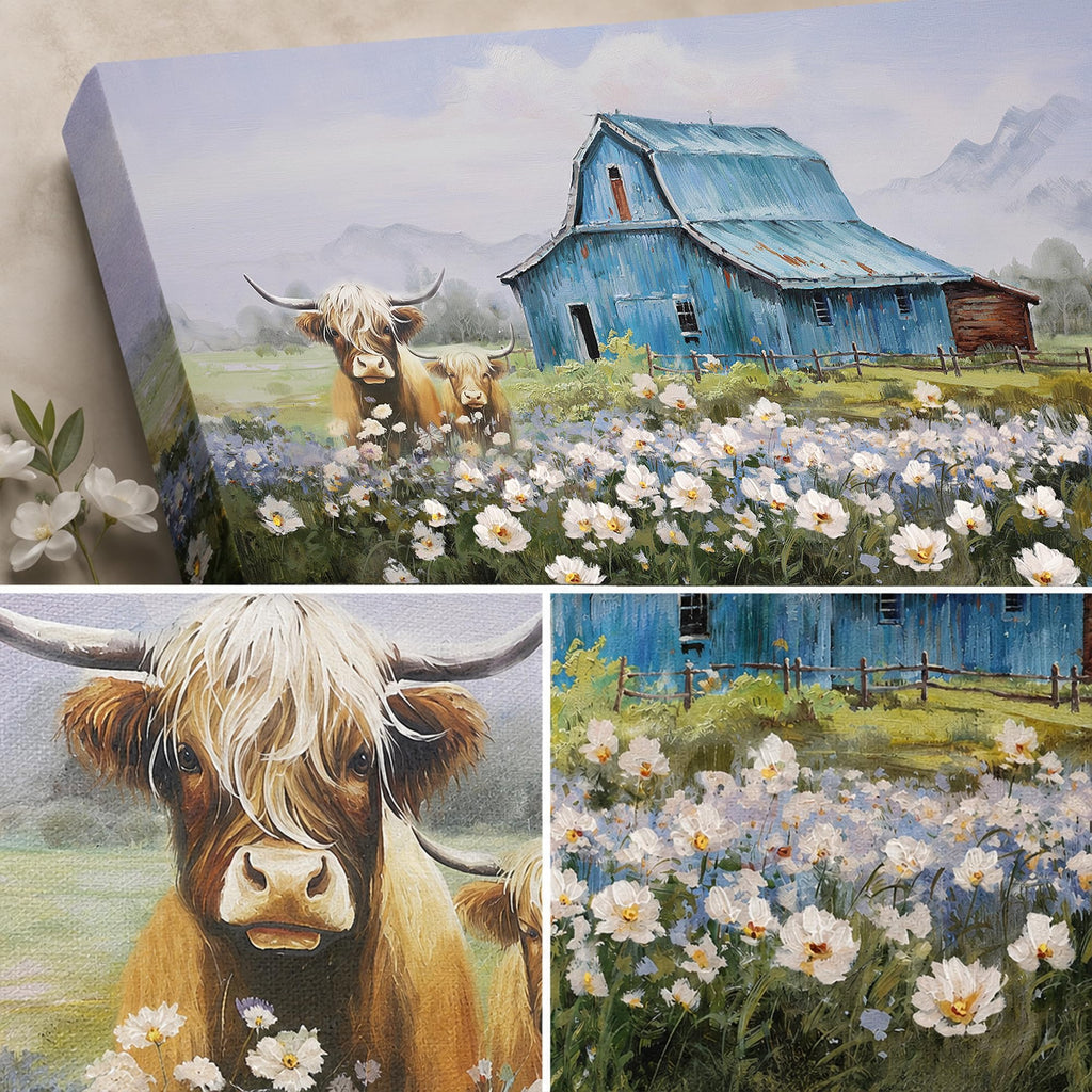 Farmhouse Highland Cow Canvas Wall Art 48"x24"