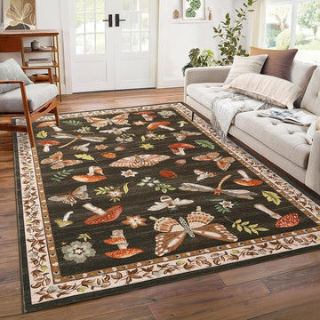 Mushroom Washable Rug 5x7 Area Rugs for Living Room, Insect Print Rug for Bedroom, Non Slip Throw Carpet with Rubber