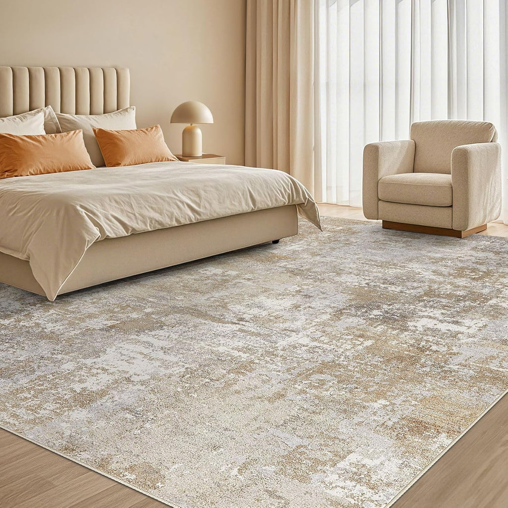 Washable 10x14 Area Rug for Living Room: Modern Abstract Neutral Large Soft Thin Rugs - Non Slip Ind