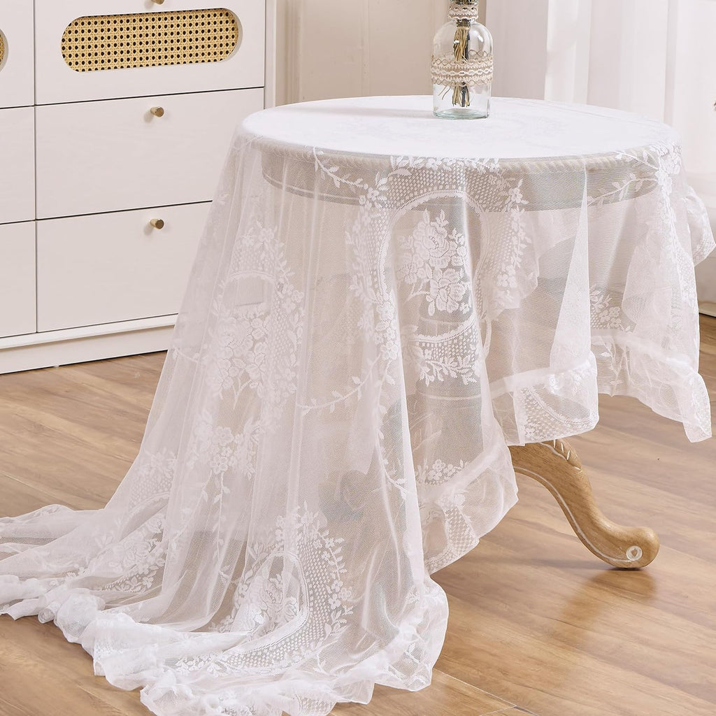 White Floral Embroidered Lace Square Tablecloth 55”x55” Vintage Table Cover (White, 55”x55”, Square)