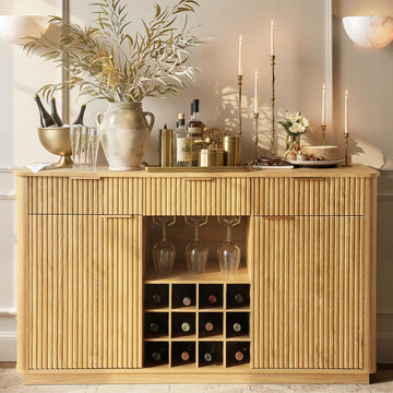59" Fluted Sideboard, Wine Bar Cabinet with Faux Marble Top, Oak