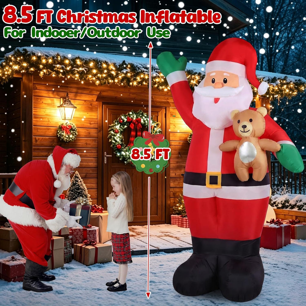 8.5FT Christmas Inflatable Santa Hold Bear, Blow Up Christmas Outdoor Decoration Built in LED Lights, Holiday Xmas