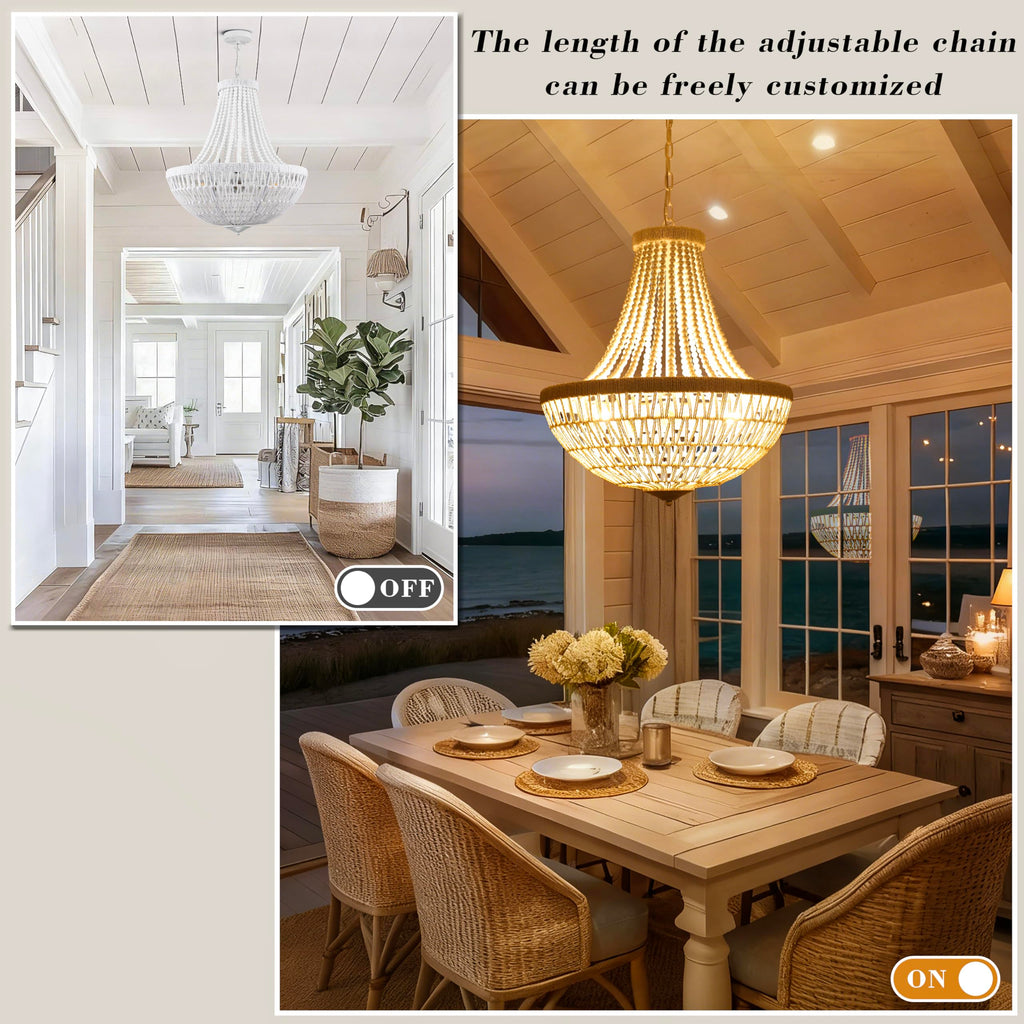 22" Boho Wood Beaded Chandelier Farmhouse Rattan Pendant Light Fixtures Bohemia Large Rattan Chandeliers Living Room