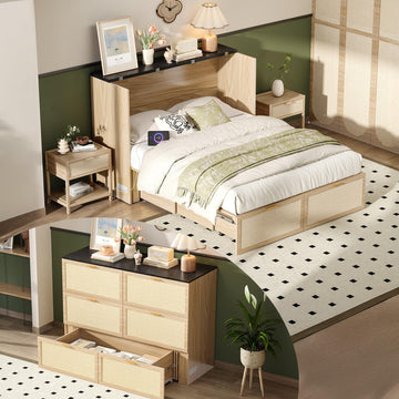 Full Size Rattan Murphy Bed with Storage Drawer, 2 Charging Station, Boho, Hideaway Paltform Panel Bed for Small