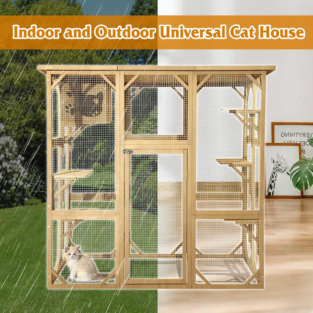 Cat Enclosure Large Outdoor Catio Wooden Cat House with Weatherproof, Cat Cage Condo Indoor Playpen with Platform