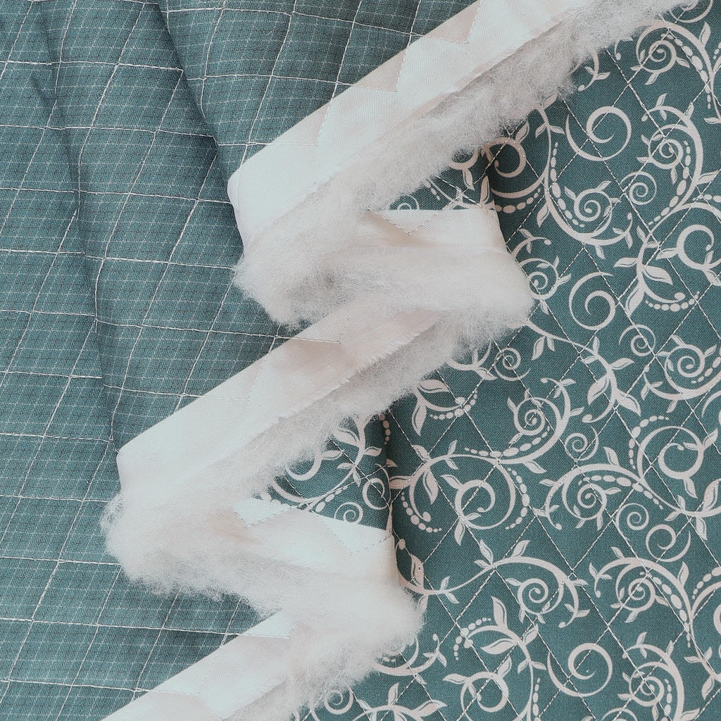 Double Faced Quilted Cotton, Scroll Vine/Plaid Dk Teal