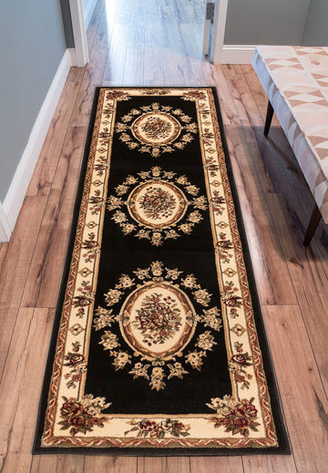Pastoral Medallion Black French European Formal Traditional Runner Rug Stain / Fade Resistant