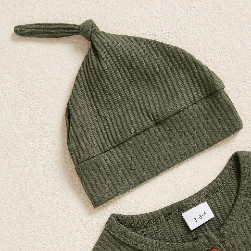 Infant Boys Girls Clothes Set Baby Romper Hat Ribbed Knit Long Sleeve Button Solid Bodysuit Jumpsuit