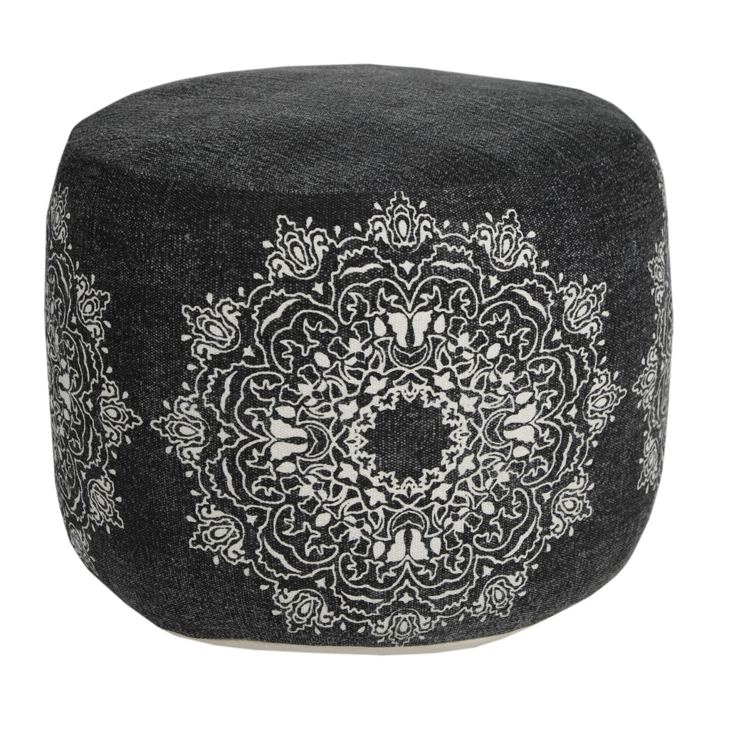 LR Home Black/Ivory Medallion Cotton Ottoman Pouf Decor | Hand-Made Classic Foot Rest Decor | 18 x 18 x 14 Stuffed