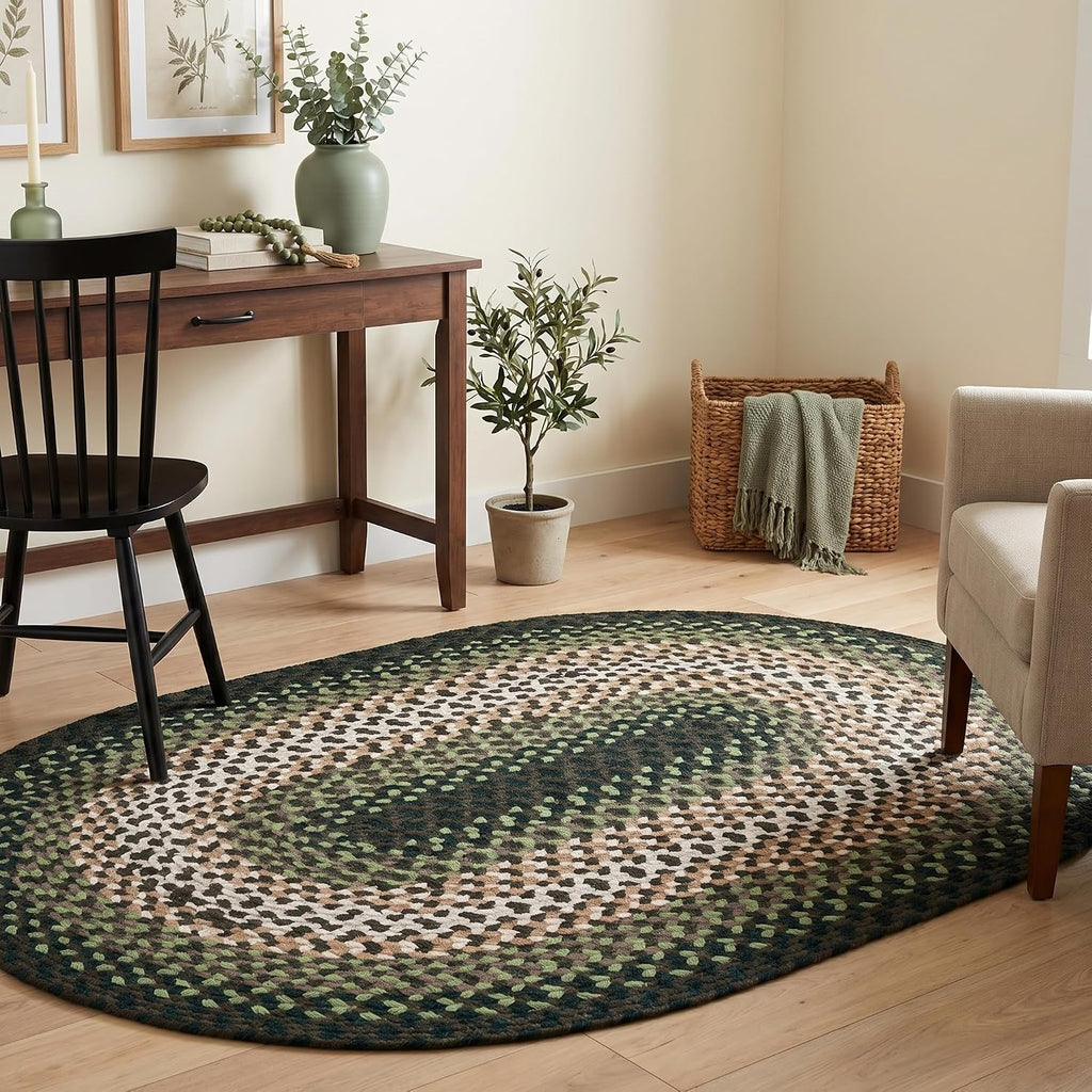 Oval 4' X 6' Green - Ivory Oval Braided Rug for Farmhouse Style Bedrooms and Living Rooms
