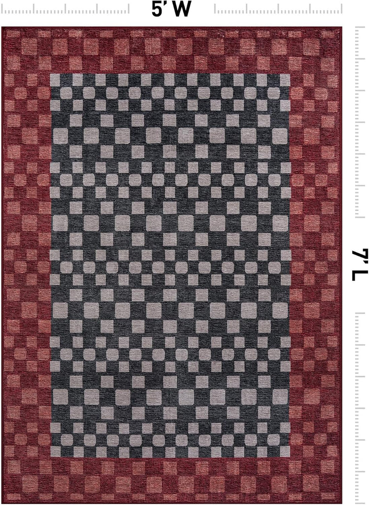 Checkerboard Washable Non-Slip Area Rug, Dark Gray/Red