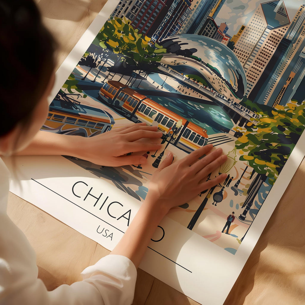 Chicago Travel Poster, Premium Giclee Fine Prints - Modern Watercolor Aesthetic Wall Decoration, Eclectic Trendy Boho
