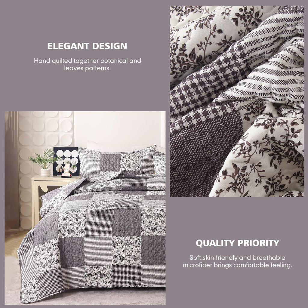 3Pcs Quilt Set, Floral Prints and Stripes with Patchwork Pattern, Soft Microfiber Lightweight Bedspread for