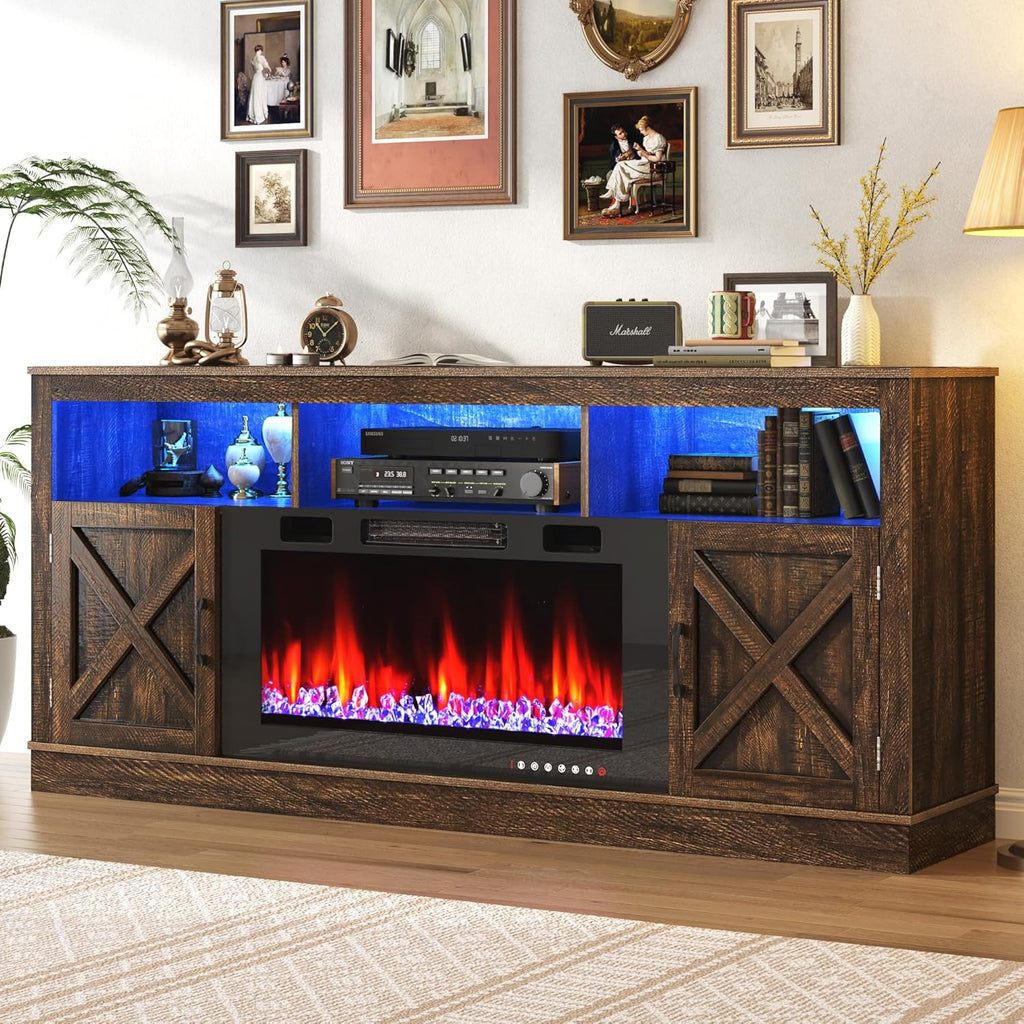Farmhouse TV Stand with 36 Inch Fireplace for TVs up to 80 Inches, 70 Inch Fireplace Entertainment Center with Barn Doors and LED Lights, Brown