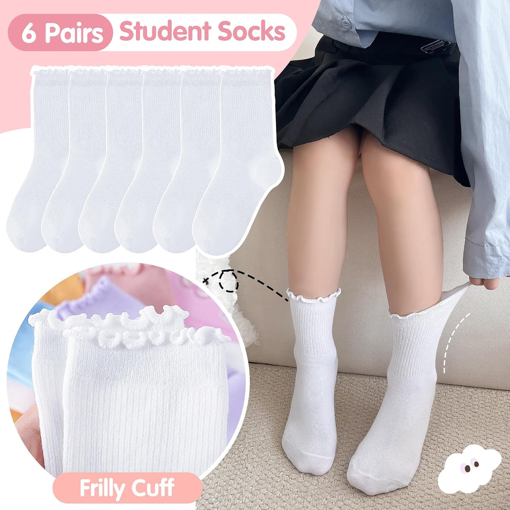 Girls Kids Ruffle Socks Uniform School Dress Frilly Cotton Crew Socks 6 Pairs
