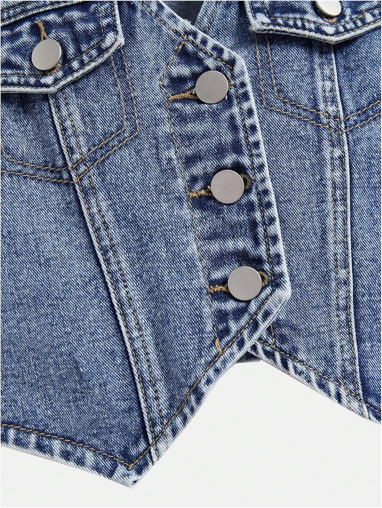 Girl's Button Down Denim Vest V Neck Sleeveless Asymmetrical Jean Jacket