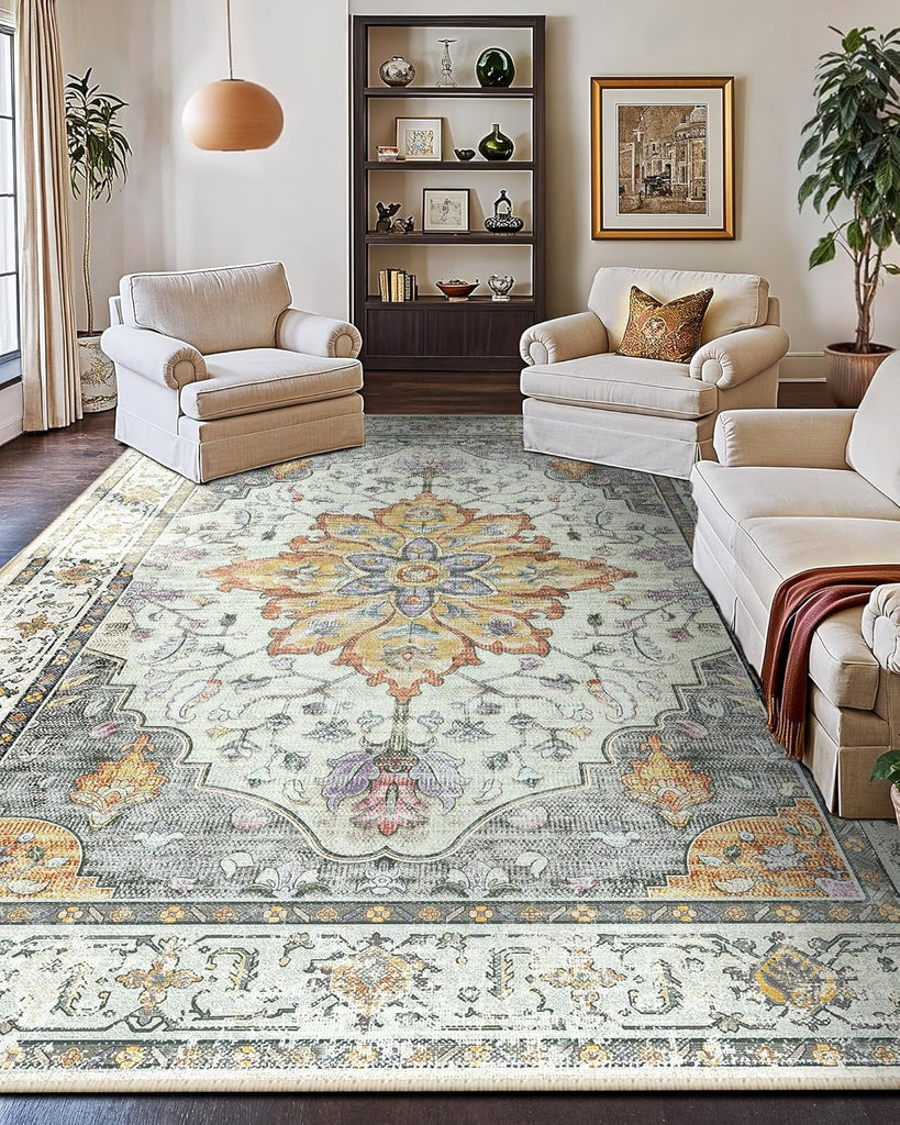 Area Rugs Washable Non-Slip, Floral Vintage Distress Print Pattern Medallion Carpet for Living Room Bedroom