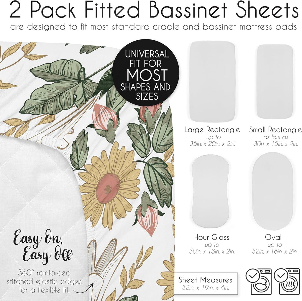2-Piece Baby Bassinet Sheets Set (Boho Vintage Floral) for Girls, Infant Newborn Nursery, Oval, Rectangle & Hourglass