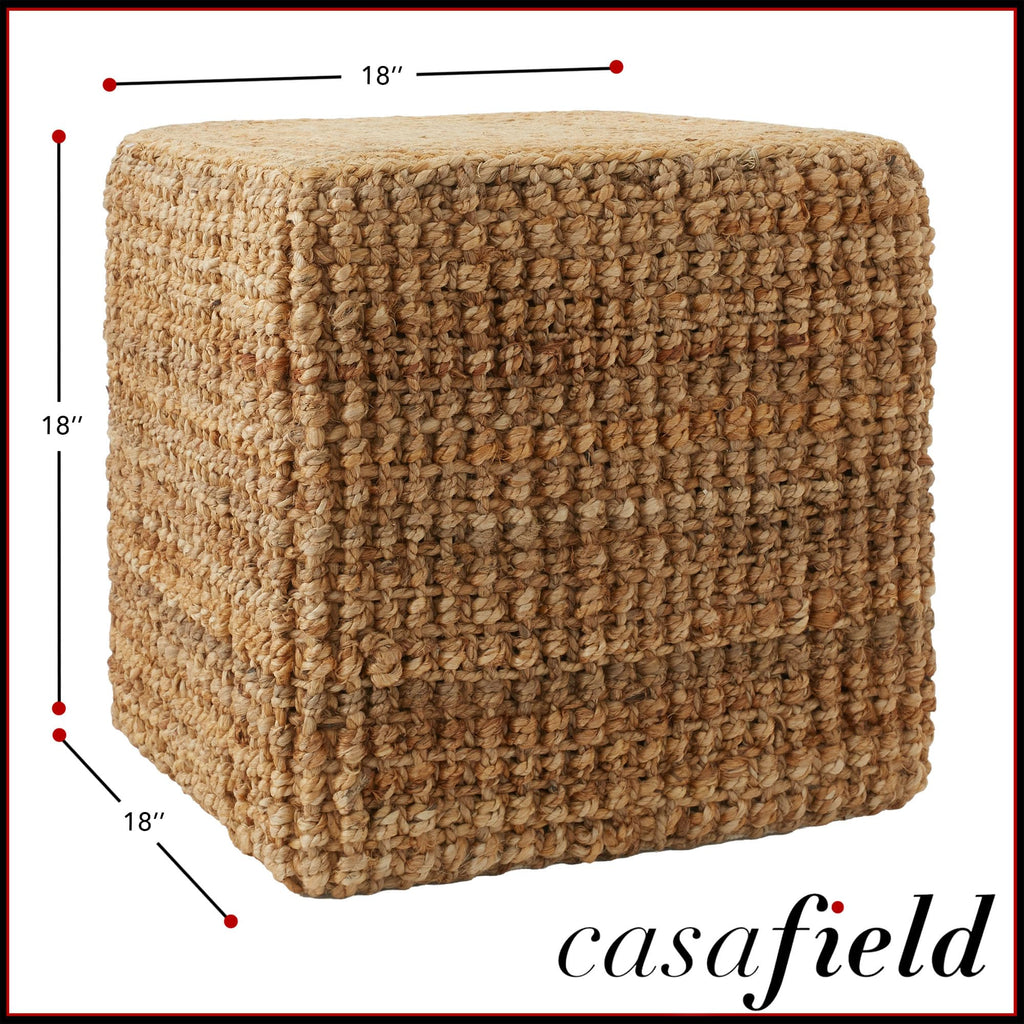 Handwoven Pouf Ottoman, 18" W x 18" D x 18" H Square Footrest, Woven Seagrass Ottoman, Decorative Indoor Boho Home