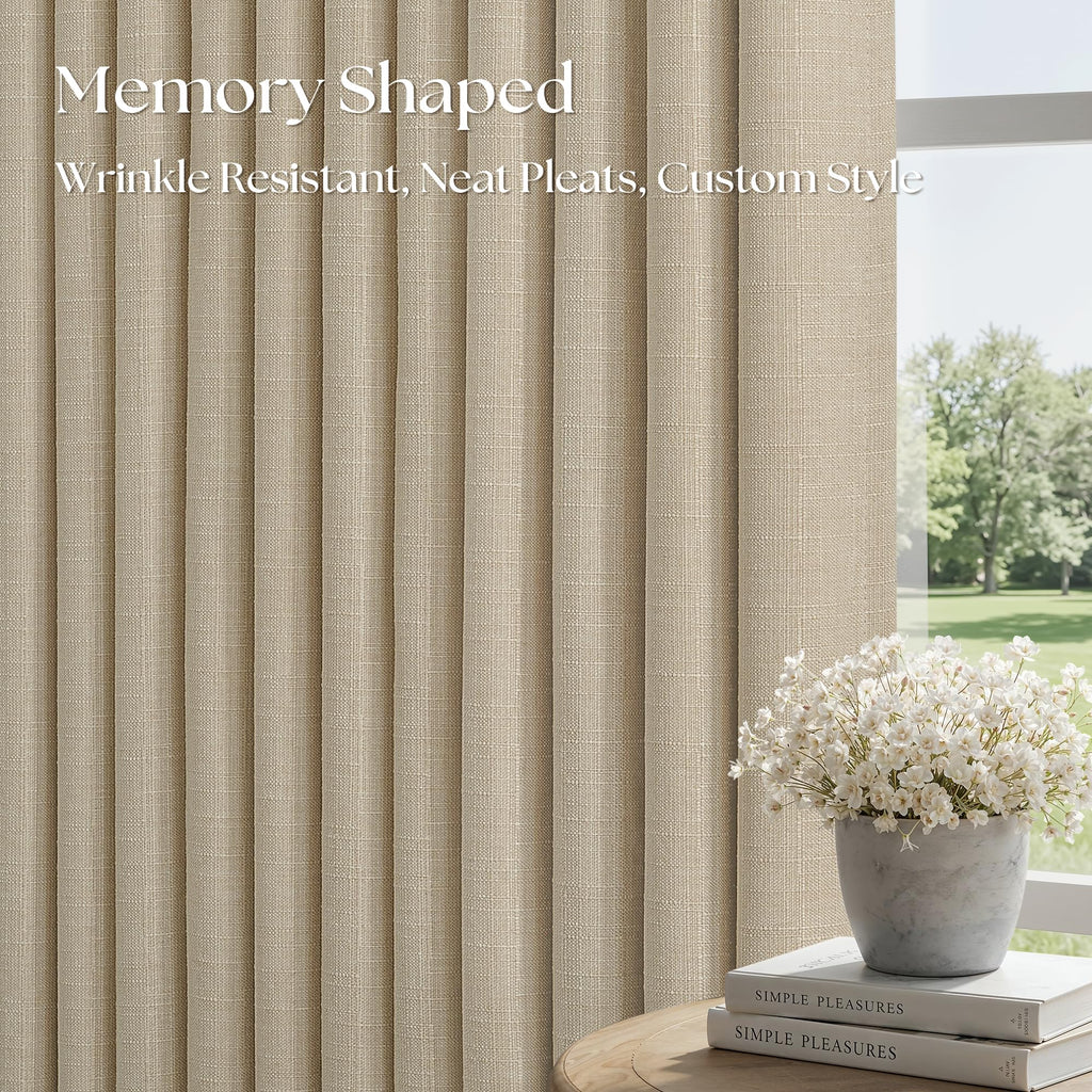 Oatmeal 120 Inch Blackout Pinch Pleated Curtains 2 Panel Set Darkening Thick Linen Textured 100% Black Out Soundproof