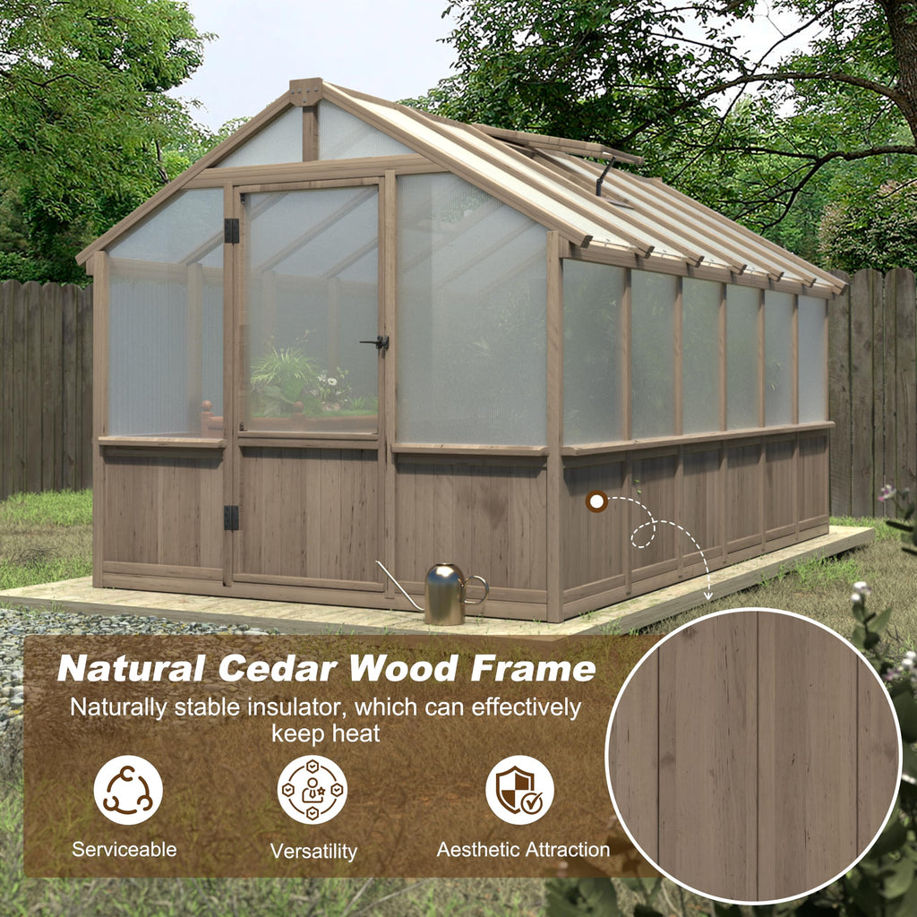 8' x 12' Outdoors Walk-in Greenhouse, Wood Greenhouse with Ventilated Window and Lockable Door, 6mm Polycarbonate