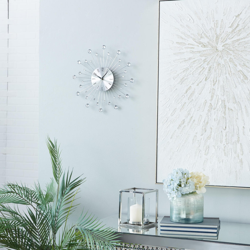 Metal Starburst Decorative Wall Clock With Crystal Accents and Room, 15" x 2" x 15", Silver