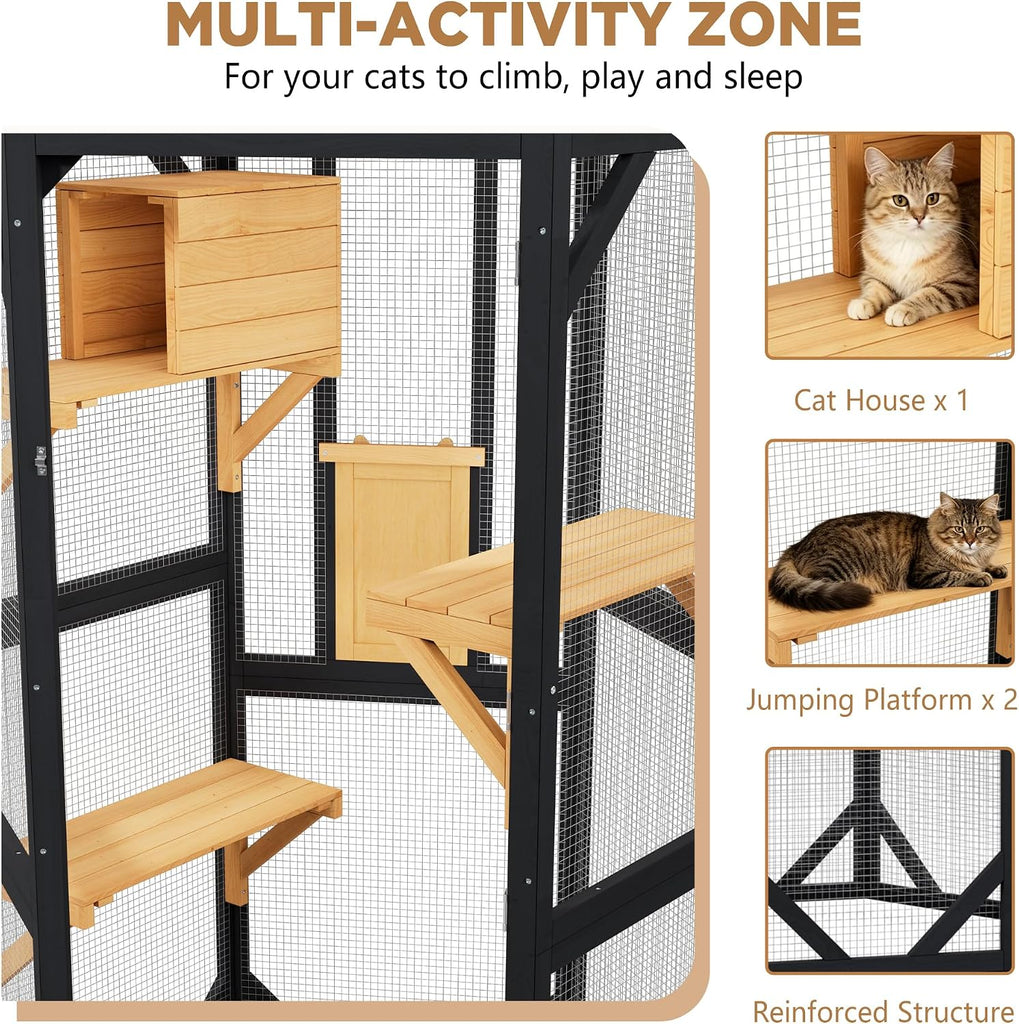 69.3 Inch Catio Outdoor Cat Enclosure, Hexagonal Tall Wooden Cat Catio