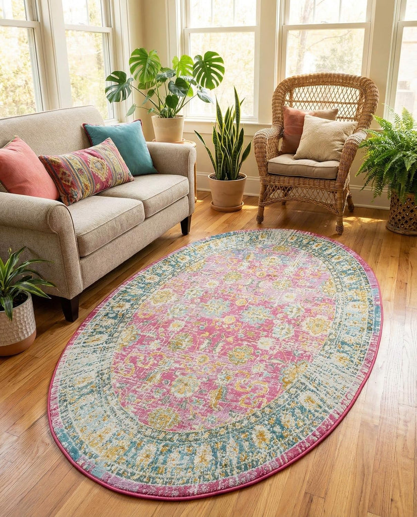 Paragon Rug - 5' Oval Pink Easy-Clean Rug - Vintage Floral Design s, Bedrooms, and Entryways